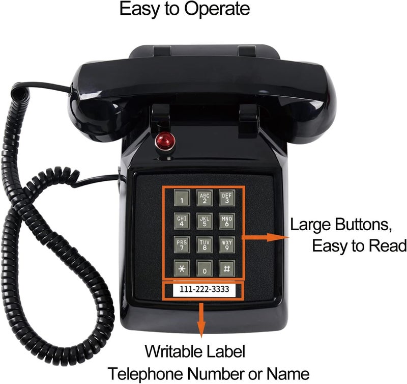 HTMengt Retro Traditional Landline Phone (Ringing Indicator), Classic 2500 Analog Desk Phone Hearing Aid for Elder, Vintage Corded Desk Telephone for Landline Large Button,Old School Phone Home,Black - Image 2